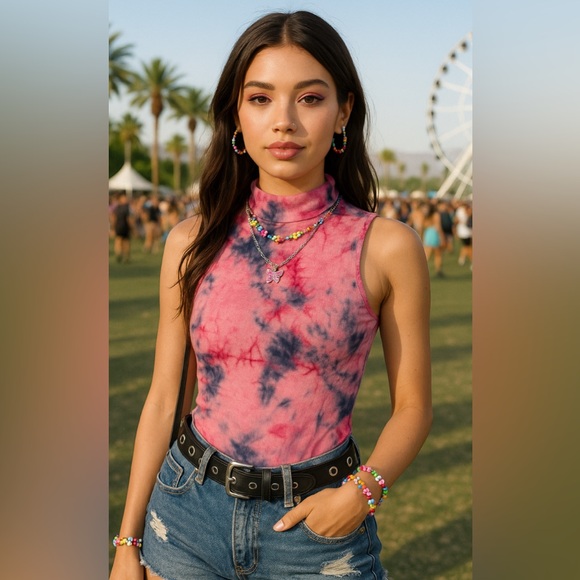Y2K VTG 90s Charlotte Russe Pink Tie Dye Festival Bodysuit, Boho Hippie Fairy M - Picture 1 of 7